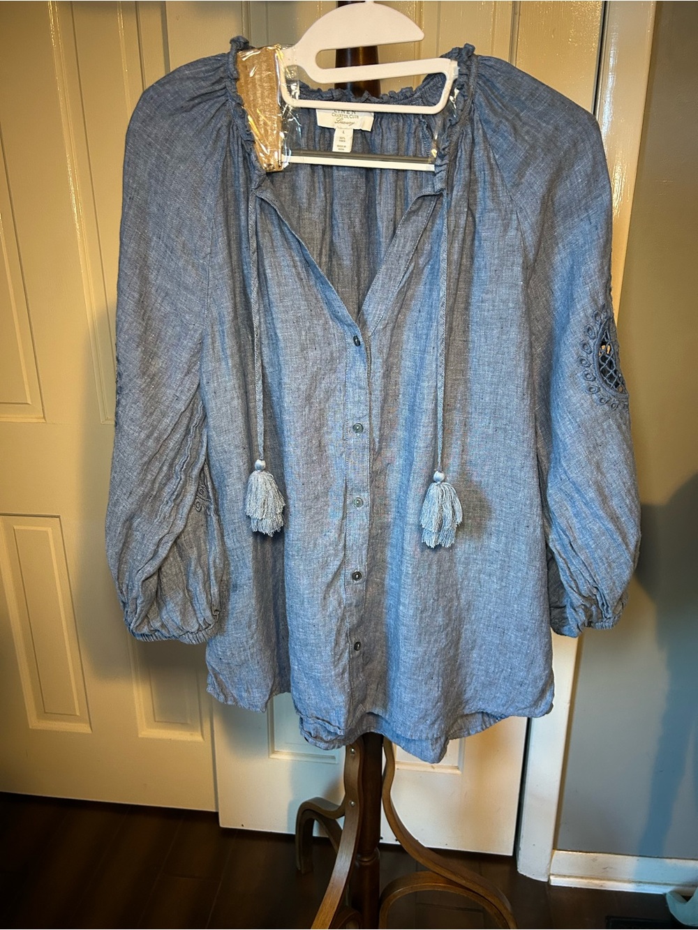 Charter Club Luxury 100% Linen Blue Button-Down Peasant Blouse with Tassels